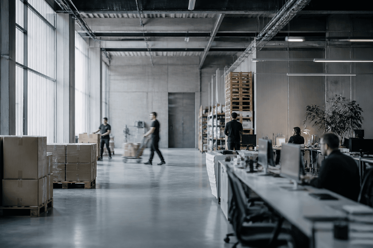 Fulfillment floor with packages and soft daylight through warehouse windows